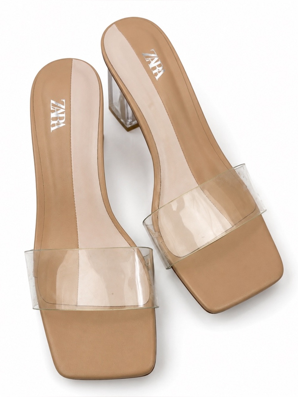 ZARA Tan Mule Sandals with Clear Strap and Lucite Heel